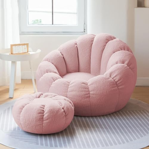 Stuhlabdeckung, Faules Sofa Lammhaar, kleines Sofa Faule Stuhl Möbel, Kürbis Sitzsack, Nordic Schlafzimmer, Stuffable Sitzsack Stuhlabdeckung mit Hocker (2 Stücke) (Kirschblütenpulver, Größe XL) von HLQDLP