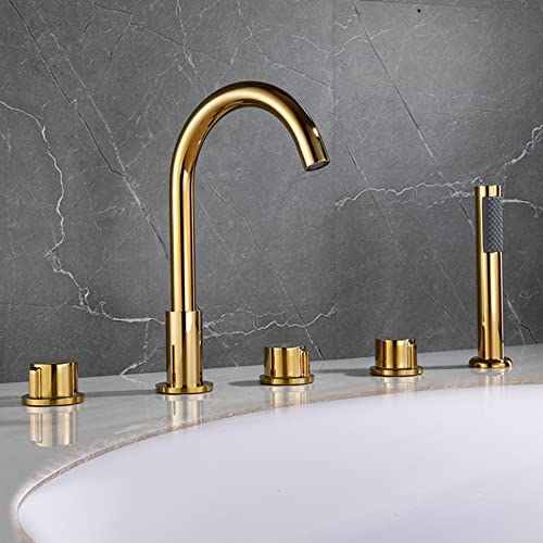 5 Lochbad Duschmischer Tippset Doppelgriff Badezimmer Badewanne Heiße und kalte multifunktionale Badewanne Mixer Tippen Sie mit Pise Out Handheld Dusche (golden B) Aqiong von HLRTBCN