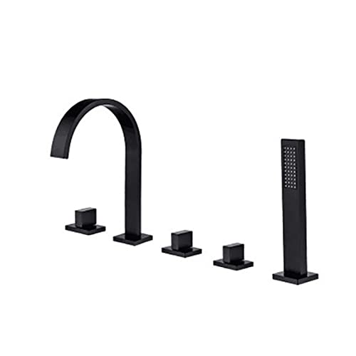 5 Lochbad Duschmischer Tippset Eingriff Wasserfall Badmixer Tap Badewanne Mixer Tippen Sie mit Ausziehen von Handheld -Dusche für Badezimmer, Chrom (Schwarz a) Aqiong von HLRTBCN