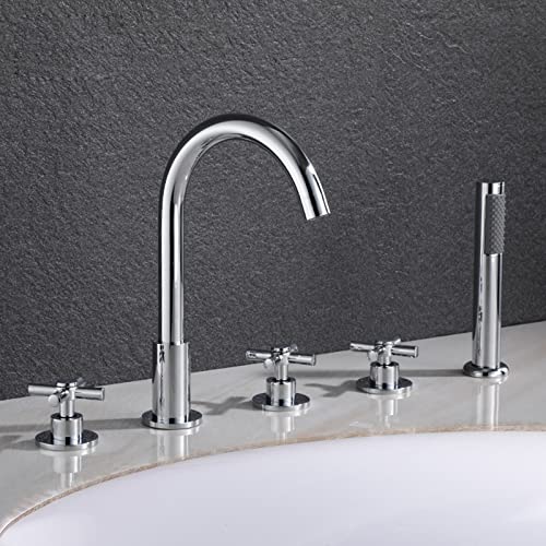 5 Lochbad Duschmixer Tippset Doppelgriff Badezimmer Badewanne Heiße und kalte multifunktionale Badewanne Mixer Tippen Sie mit Pull Out Handheld Dusche (Chrom A) Aqiong von HLRTBCN