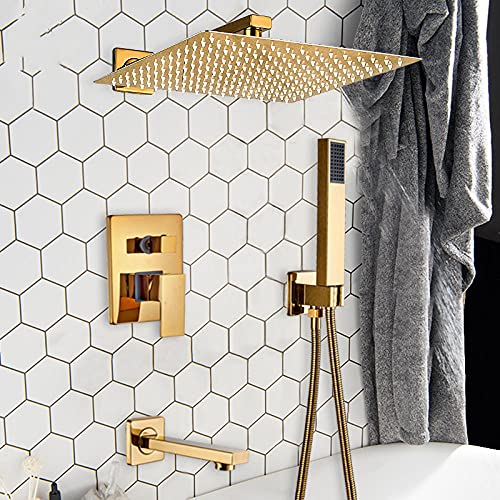 Badezimmer Wasserhahn Gold Regen Dusche Bad Wasserhahn Wandbefehlte Duschmischer Tap Badezimmer Duschhahn Dusche Set 12 Zoll/8 Zoll (12 Zoll) Aqiong von HLRTBCN