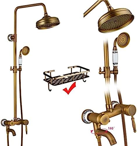 Duschsysteme Antique Messing Doppelgriff Wandmontage Badezimmer Duschhahn Set mit Duschregal Badezimmer Duschmixer-K01, E02, Duschsystem Aqiong von HLRTBCN