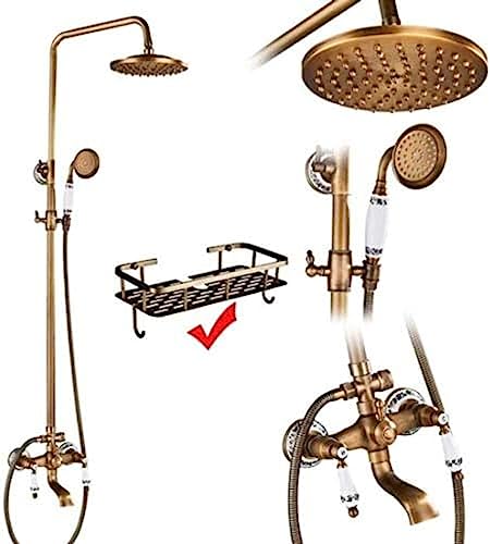 Duschsysteme Antique Messing Doppelgriff Wandmontage Badezimmer Duschhahn Set mit Duschregal Badezimmer Duschmixer-K01, E02, Duschsystem Aqiong von HLRTBCN