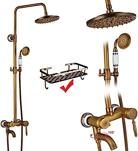 Duschsysteme Antique Messing Doppelgriff Wandmontage Badezimmer Duschhahn Set mit Duschregal Badezimmer Duschmixer-K01, E02, Duschsystem Aqiong von HLRTBCN