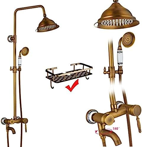 Duschsysteme Antique Messing Doppelgriff Wandmontage Badezimmer Duschhahn Set mit Duschregal Badezimmer Duschmixer-K01, E02, Duschsystem Aqiong von HLRTBCN