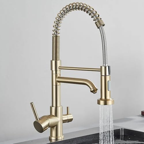 Gebürstete Goldküchenarmatur mit 360 ° -Wrdation Dual -Modus Wasserfilter Tap Messing Heiß- und Kaltmischer Reinigungssystem für verbesserte Wasserqualität Aqiong von HLRTBCN