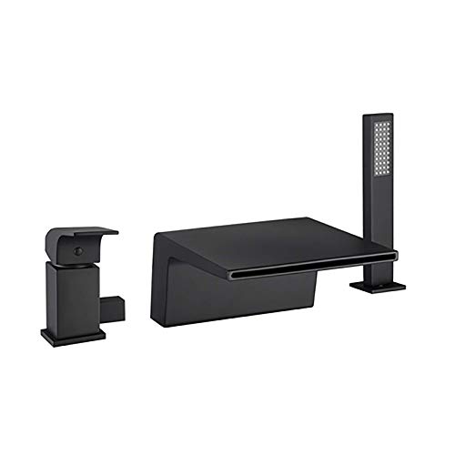 Klassiker Wasserfallwanne Füllhahn Wasserhahn mit Handheld Duschkopf weit verbreitete Wannenarmatur Set Deck Mount 3 Löcher Badewanne Wasserhahn Eingriff Badewanne Tipp für Badezimmer, Schwarz, von HLRTBCN