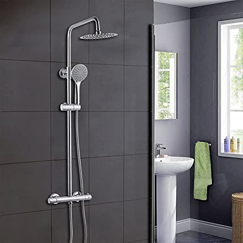 Thermostatische Ventil -Duschmixer -Set, Handheld -Dusche und mit einstellbare 8 -Zoll -Duschhaken, Twin Head & Body Chrom Plated Set (Chrom 08Round) Aqiong von HLRTBCN