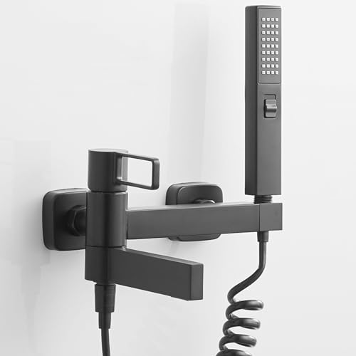 HLRTBCN Wandmontierte Badduschmischer Tap Badezimmermischer Tap Badewanne Tap 90 ° Drehausstrich Badezimmer -Hackmischer mit Duschmenge Chrom, Duschschlauch (schwarzer Federschlauch) Aqiong von HLRTBCN