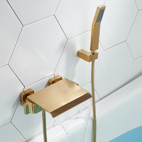 HLRTBCN Wandmontierte Badmixer Hahn quadratisch Wasserfallmischer Bad Haken Badewahn -Duschmixer mit handgehaltenem Duschbad und Duschset Weiß, A (Gold B) Aqiong von HLRTBCN