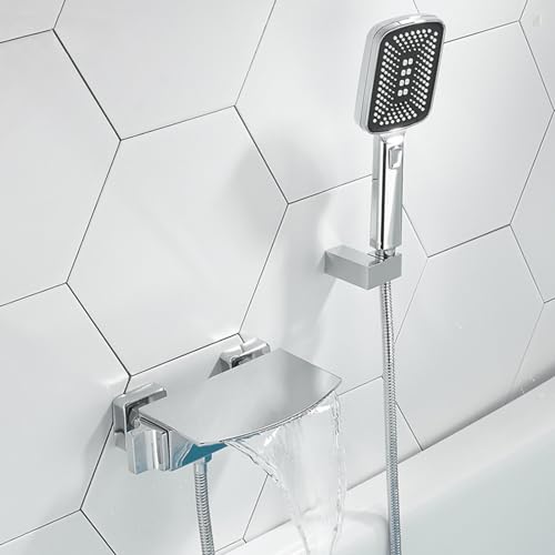 HLRTBCN Wandmontierte Badmixer Hahn quadratische Wasserfallmischer Bad Haken Badewahn -Duschmixer mit handgehaltenem Duschbad und Duschset Weiß, A (Chrom C) Aqiong von HLRTBCN