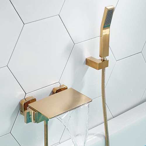 HLRTBCN Wandmontierte Badmixer TIPP quadratische Wasserfallmischer Bad Haken Badehäuse Mischhahn mit handgehaltenem Duschbad und Duschset weiß, a (Gold a) Aqiong von HLRTBCN