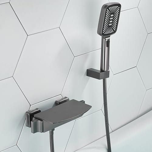 Wandmontierte Wasserfall Bad, Mixer Tap Dusche mit Wasserfall Tap Badezimmer -Hackmixer mit Duschset Gold (Gungrau a) Aqiong von HLRTBCN