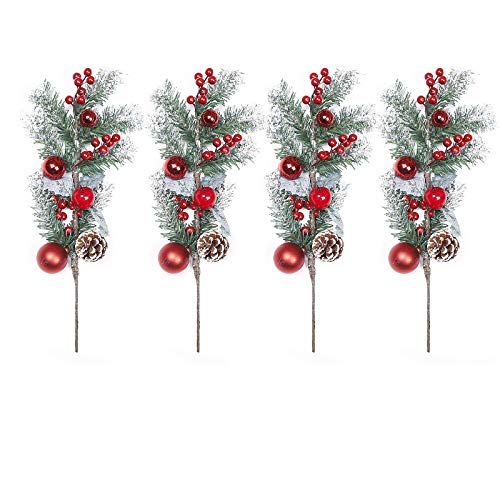HLTER 4 rote Beerenstiele, 48,3 cm, rote Beeren-Zweige und Tannenzweige mit Weihnachtskugeln, langen Stielen, Tannenzweigen, künstliche Grünblumen-Arrangements für Weihnachtsbaum-Dekoration von HLTER