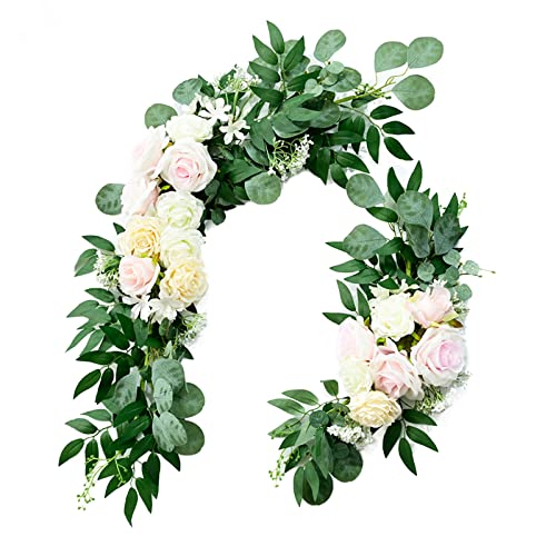 HLTER Hochzeits-Bogen-Blumen-Set, 2 Stück, künstliche rosafarbene Rosen mit grünen Blättern, große Kunstseide, Blumengirlande, Blumenarrangement, Swag Decor von HLTER