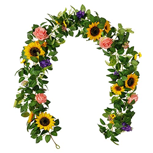 HLTER Künstliche Sonnenblumen-Girlande, 180 cm, künstliche Blumen, hängende Blumengirlande mit grünen Blättern, Kunstpflanzen, Rebe, Hängezubehör für Dekoration von HLTER