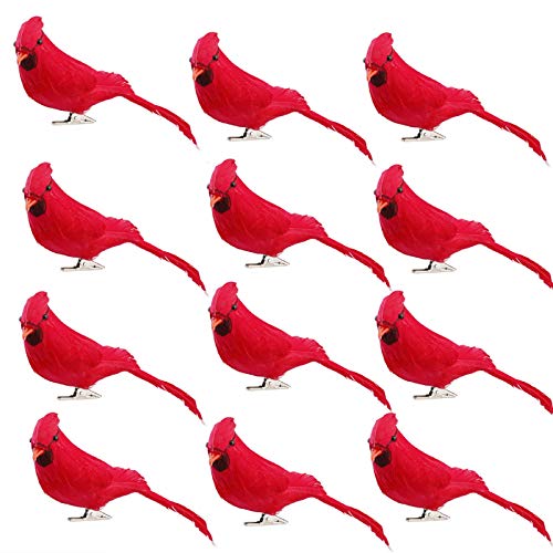 HLTER Rote künstliche Kardinalvögel, künstliche Vögel mit Clips, Weihnachtsvögel, Simulationsschaum, rote Kardinäle, Ornamente, Dekoration, 12 Stück von HLTER