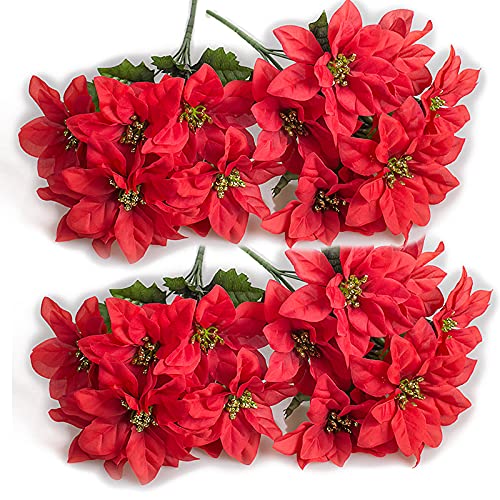 HLTER Set von 4 künstlichen Weihnachtssternen Blumen Picks, 7 Köpfe künstliche Weihnachtssterne Büsche Seide Weihnachten Rot Weihnachtsstern Bouquet für Urlaub Home Decor von HLTER