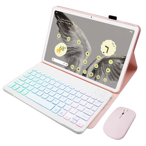 HLTOOP Tastatur Hülle für Google Pixel Tablet 11 Zoll 2023, QWERTZ Deutsches, Abnehmbare Tastaturabdeckung mit Regenbogen-Hintergrundbeleuchtung Und Stifthalter, Bluetooth-Maus Für Tablet,Rosa von HLTOOP