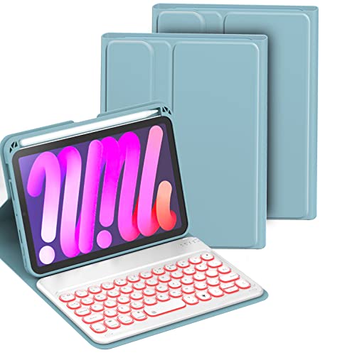 HLTOOP Tastaturhülle für iPad Mini 6 2021 (8,3 Zoll), 7-farbige Hintergrundbeleuchtung, magnetisch abnehmbare kabellose Bluetooth-Tastatur, weiche TPU-Rückseite mit Stifthalter, Blau von HLTOOP