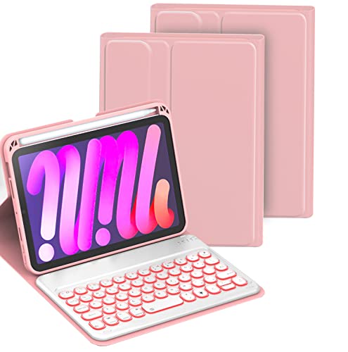 HLTOOP Tastaturhülle für iPad Mini 6 2021 (8,3 Zoll), 7-farbige Hintergrundbeleuchtung, magnetisch abnehmbare kabellose Bluetooth-Tastatur, weiche TPU-Rückseite mit Stifthalter, Pink von HLTOOP