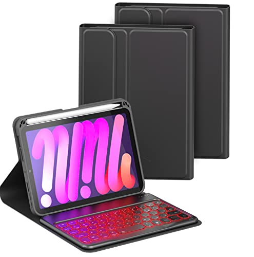 HLTOOP Tastaturhülle für iPad Mini 6 2021 (8,3 Zoll), 7-farbige Hintergrundbeleuchtung, magnetisch abnehmbare kabellose Bluetooth-Tastatur, weiche TPU-Rückseite mit Stifthalter, Schwarz von HLTOOP