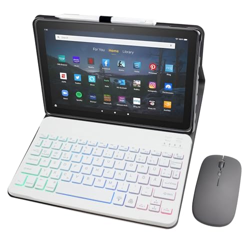Tastatur Hülle Für Amazon Fire Max 11 Zoll (13. Generation, Modell 2023) Mit 7-Farben-Hintergrundbeleuchtung, QWERTZ-Layout, Abnehmbarer Tastatur, Stifthalter Und Bluetooth-Maus (White) von HLTOOP