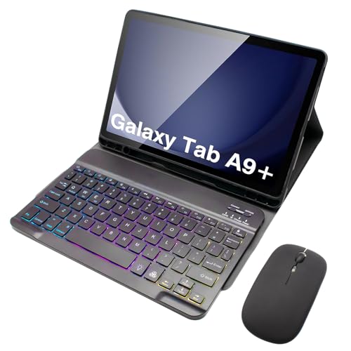 Tastatur Hülle für Samsung Galaxy Tab A9 Plus/A9+ 5G 11 Zoll (SM-X210/X216/X218), QWERTZ Deutsch, Abnehmbare Tastatur mit Hintergrundbeleuchtung in 7 Regenbogenfarben Mit Maus, S-Stifthalter,Balck von HLTOOP