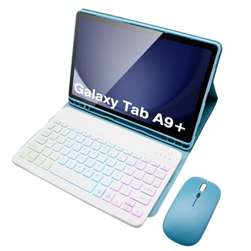 Tastatur Hülle für Samsung Galaxy Tab A9 Plus/A9+ 5G 11 Zoll (SM-X210/X216/X218), QWERTZ Deutsch, Abnehmbare Tastatur mit Hintergrundbeleuchtung in 7 Regenbogenfarben Mit Maus, S-Stifthalter,Mist blue von HLTOOP