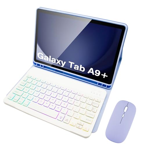 Tastatur Hülle für Samsung Galaxy Tab A9 Plus/A9+ 5G 11 Zoll (SM-X210/X216/X218), QWERTZ Deutsch,Abnehmbare Tastatur mit Hintergrundbeleuchtung in 7 Regenbogenfarben Mit Maus, S-Stifthalter,Lila von HLTOOP