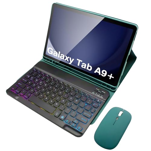 Tastatur Hülle für Samsung Galaxy Tab A9 Plus/A9+ 5G 11 Zoll (SM-X210/X216/X218) QWERTZ Deutsch, Abnehmbare Tastatur mit Hintergrundbeleuchtung in 7 Regenbogenfarben Mit Maus, S-Stifthalter,Deep green von HLTOOP