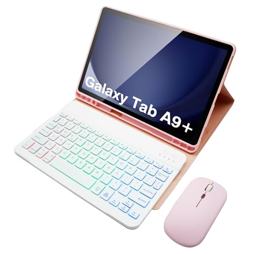 Tastatur Hülle für Samsung Galaxy Tab A9 Plus/A9+ 5G 11 Zoll (SM-X210/X216/X218) QWERTZ Deutsch, Abnehmbare Tastatur mit Hintergrundbeleuchtung in 7 Regenbogenfarben Mit Maus, S-Stifthalter,Rosa von HLTOOP
