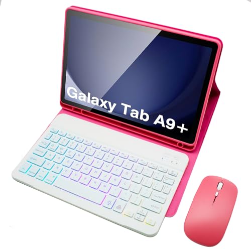 Tastatur Hülle für Samsung Galaxy Tab A9 Plus/A9+ 5G 11 Zoll (SM-X210/X216/X218) QWERTZ Deutsch, Abnehmbare Tastatur mit Hintergrundbeleuchtung in 7 Regenbogenfarben Mit Maus, S-Stifthalter,Rot von HLTOOP