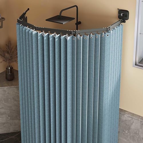HLTQL Duschvorhang Ohne Bohren,duschvorhangstange L/u Form Und Starker Saugnapf, Faltbarer Duschvorhänge Anti Schimmel Wasserdicht/waschbar Für Eckdusche, Shower Curtains,Blue-3-Folds von HLTQL