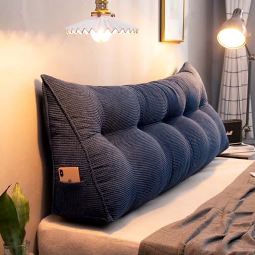 HLTQL Lesekissen FüR Bett Und Sofa，StüTzkissen RüCken Bett，Kissen Bett RüCkenlehne，Lendenkissen Bett，RüCkenkissen FüR Sofa，Kordsamt Keilkissen Sofa(3Navy Blue,120cm) von HLTQL