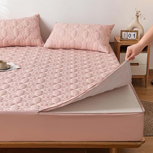 HLTQL Matratzenbezug ReißVerschluss Gesteppt Matratzenschoner Mit Reibverschluss 180x200 Mattress Cover Mattress Protector MatratzenhüLle(#pink,200x220+25cm) von HLTQL