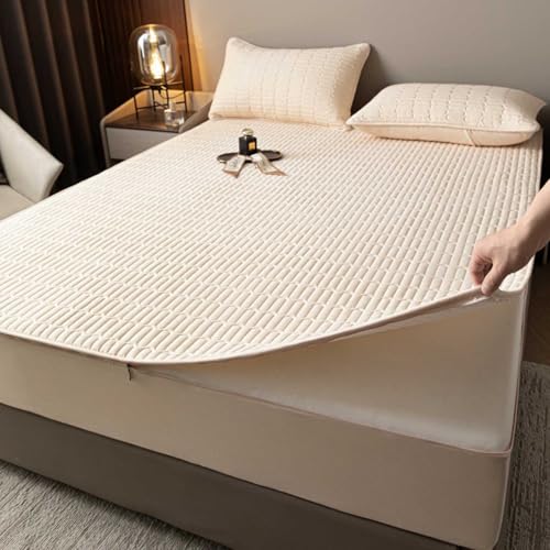 HLTQL Matratzenschoner Mit ReißVerschluss Matratzenbezug Mit ReißVerschluss Gesteppt Waschbarer Spannbettlaken Matratzentopper(#beige,150x200+15cm) von HLTQL