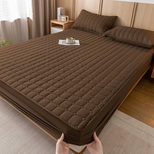 HLTQL Spannbetttuch 180 x 200cm,einfarbige Dickes, gestepptes Spannbettlaken, rutschfeste Matratzenschoner-Bettlaken für Schlafzimmer Hotel(#15,Pillowcase X2) von HLTQL