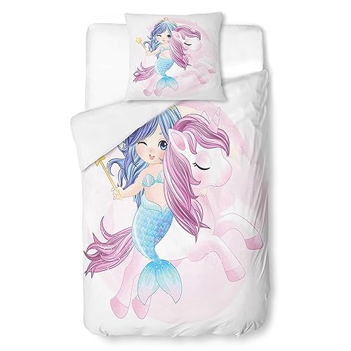 HLWDXno1 Meerjungfrau Bettwäsche 135x200 Mädchen Einhorn Bettbezug und 80x80cm Kissenbezug Microfaser Kinder Bettwäsche-Set Mädchen Zimmer Deko Teenager Kinderbettwäsche mit Reißverschlus von HLWDXno1