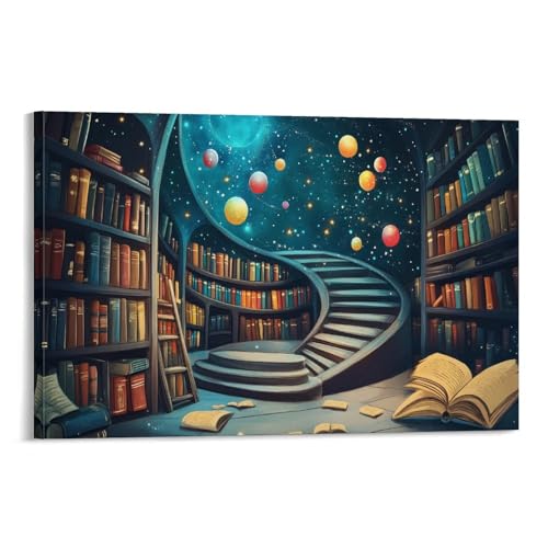 HLXZMCVBT Bücherregal Leinwandbilder Bilder ，Bücher unter dem Sternenhimmel Natur Wanddeko Kunstdrucke, Kunstdruck Deko ，Wanddeko Hochwertig Wohnzimmer Büro Druck 12x18inch(30x45cm) von HLXZMCVBT