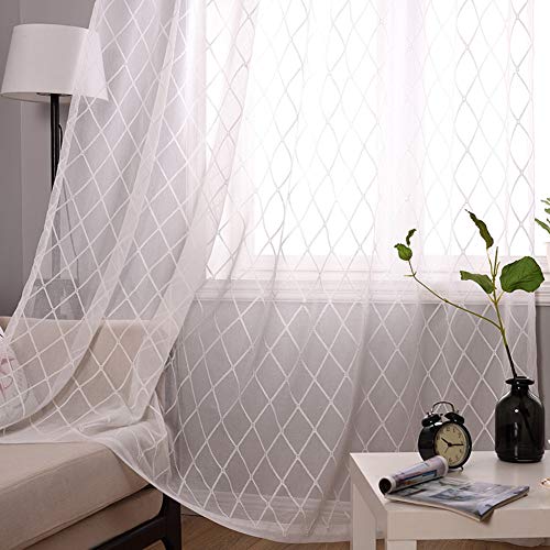 Faux Leinen Transparent Voile Gardinen Haken Oben Rhombus Geometric Fenster Vorhang Moderne Tüll-vorhänge Schlafzimmer Wohnzimmer -weiß 300x270cm(118x106inch) von HM&DX