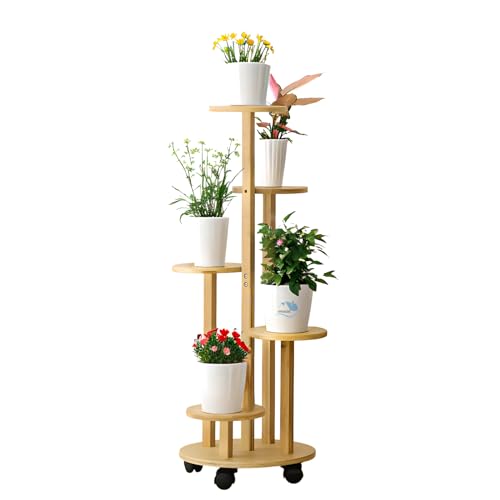 HMAKGG Blumenständer Bambus mit Rollen, 5 Etagen Pflanzenständer 90CM Blumenregal Balkon, Blumentreppe Innen für Blumentöpfe, Natur Pflanzenregal für Wohnzimmer Schlafzimmer Garten, Ø19cm von HMAKGG