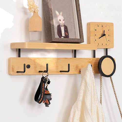 HMAKGG Garderobenleiste Wand mit Ablage & Uhr Holz, Wandgarderobe Bambus Wandregal mit 5 Metall Haken, Garderobenhaken 49,5 cm Kleiderhaken Wand für Flur, Schlafzimmer, Natur & Schwarz von HMAKGG