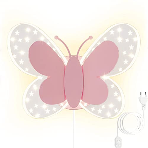 HMAKGG LED Innen Wandlampe Kinderzimmer Mädchen mit Schalter Stecker, Modern Schmetterling Wandleuchte 3 Farbtemperatur Bettleuchte Wand Cartoon für Kinder Schlafzimmer Nachttisch Korridor von HMAKGG