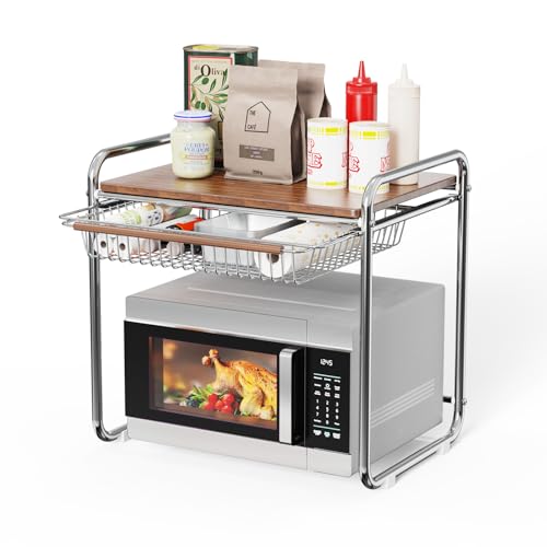 HMAKGG Mikrowelle Regal, 2-Stufig Mikrowellenregal Stehend Küchen Mikrowelle Ständer Regal, mit Ausziehkorbe & Holzplatte, aus Stahl, 20kg Traglast, für Küchen Organizer Aufbewahrung, Chrom von HMAKGG