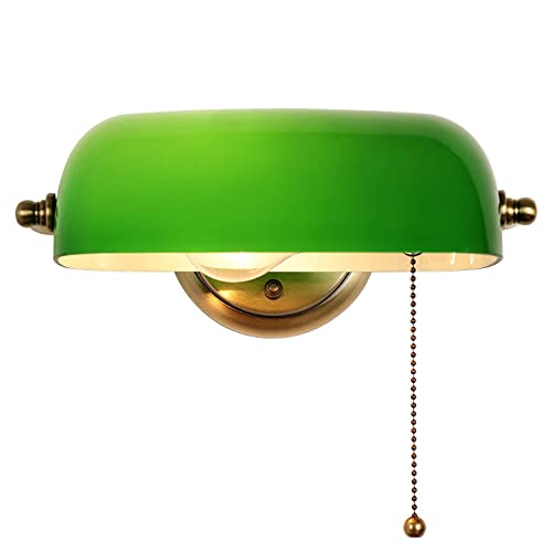 HMAKGG Wandlampe Vintage Retro Bankerlampe grün, mit Messingbasis Retro grüne Wandleuchte Innen Lampenschirm aus Glas Zugschalter,Messing von HMAKGG