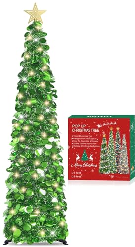 HMASYO 150 cm Pop-Up Lametta Weihnachtsbaum mit 50 Timer-Lichtern, Grün Zusammenklappbarer Künstlich Schlanken Weihnachtsbaum für den Innenbereich, Zuhause Wohnung Kamin mit Festdekoration von HMASYO