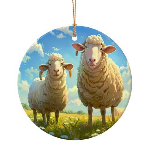 Mutter Schaf und kleines Schaf auf der Wiese runde Keramikanhänger Weihnachtsbaumschmuck Keramik Ornamente für festliche Dekoration von HMBGFW