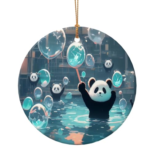 Panda spielt im Pool runde Keramikanhänger Weihnachtsbaumschmuck Keramikornamente für festliche Dekoration von HMBGFW