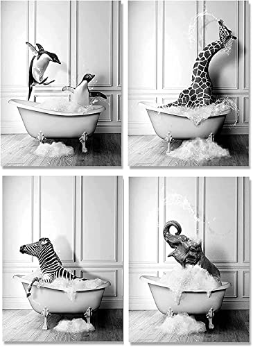 HMDKHI Badezimmer Leinwand Bilder Set,Tier Schwarz Weiß Wand Kunst Drucke, Lustig Elefant Zebra Pinguine Giraffe Tier In Der Badewanne Bilder - Rahmenlos (50X70cm*4PCS) von HMDKHI